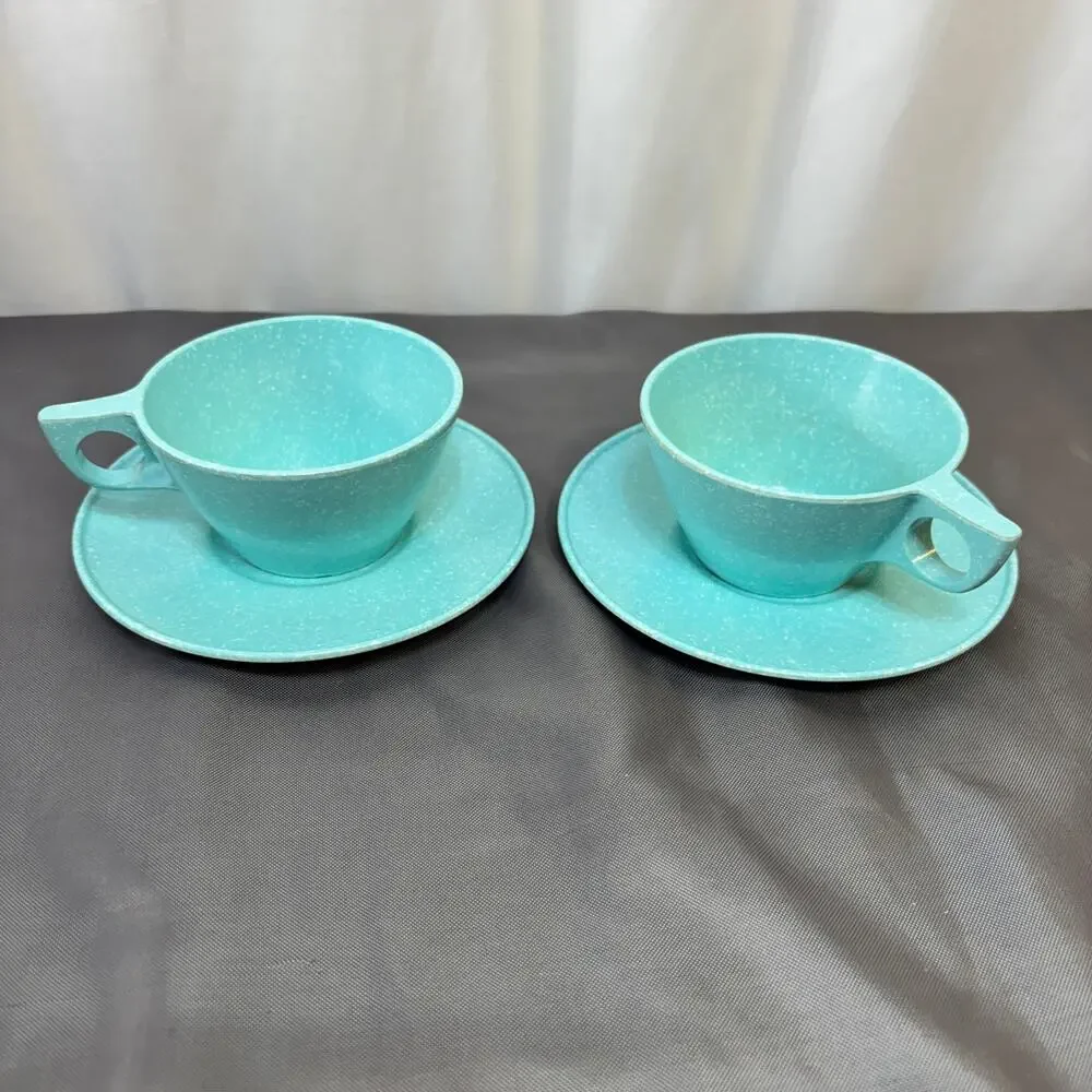 Texas Ware Melamine Cup W/ Saucer Set of 2 Turquoise Blue W/ White Speckles